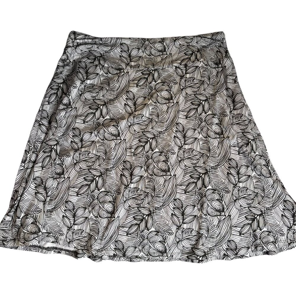 Dakini Leaf Patterned A Line Athletic Skirt Medium Black White Stretch Skater
